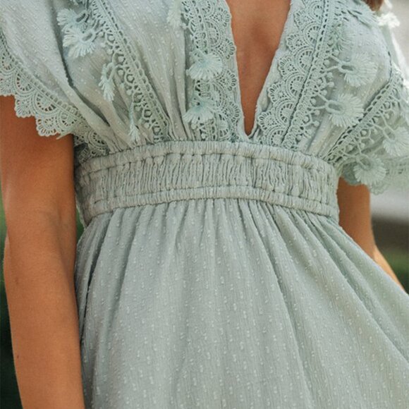 Lace Detail Plunge Short Sleeve Mini Dress - Picture 2 of 6